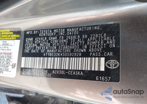 2005 Toyota Camry Se from USA, damaged, VIN 4T1BE32K45U592928